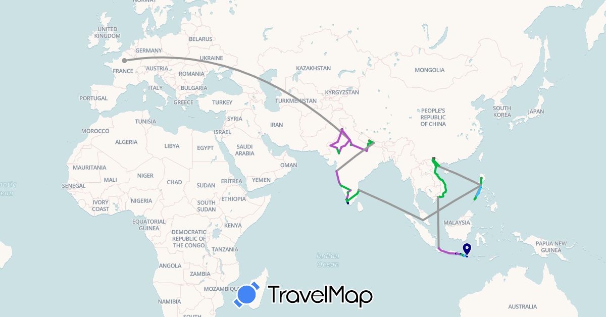 TravelMap itinerary: driving, bus, plane, train, hiking, boat, motorbike in France, Indonesia, India, Malaysia, Nepal, Philippines, Pakistan, Vietnam (Asia, Europe)